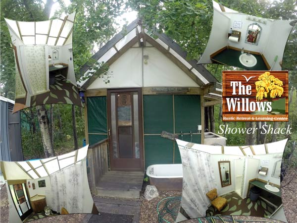 Picture of the inside of the Shower Shack showing the shower area with a curtain, a sink area with a mirror above it, a chair and a long narrow mirror hanging on the wall.